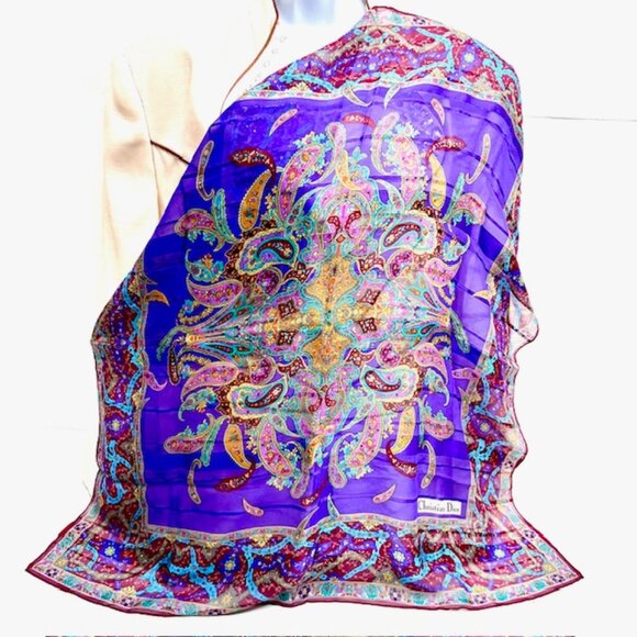 Unused Christian Dior Soft 00% Silk Scarf Chiffon & Satin Paisley Floral 31" (21 - Picture 4 of 8